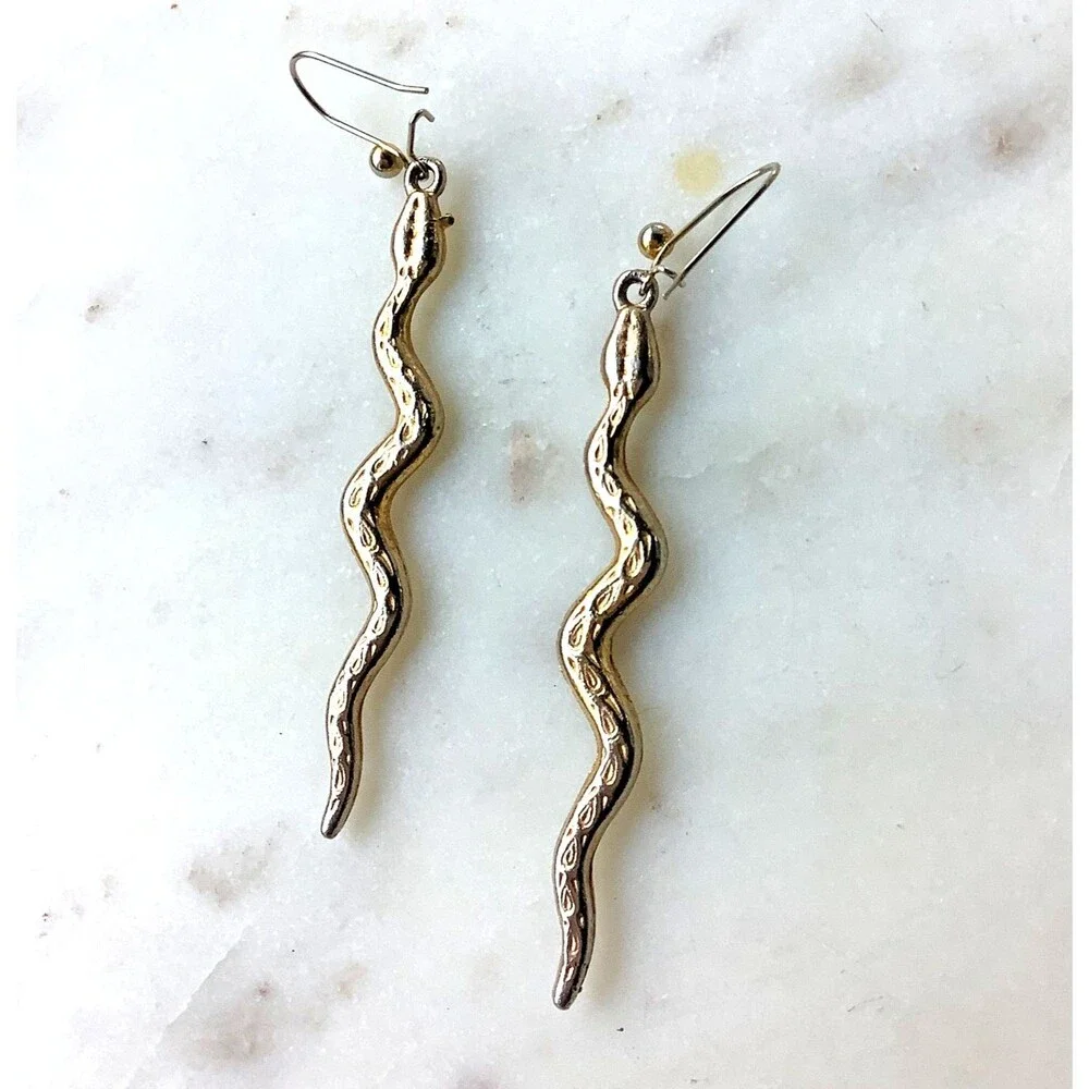 Snake Earrings Dangle Long French Loop Wire Gold Tone
